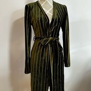 Nasty Gal Olive Green Velvet Pinstripe Wrap Trench Coat